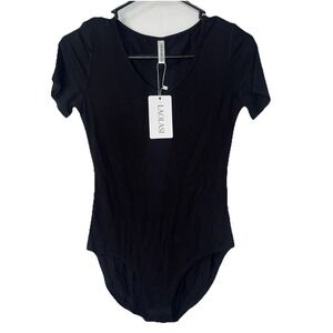 Laolasi Women's Black Short‎ Sleeve Snap Crotch Bodysuit Size Small-New